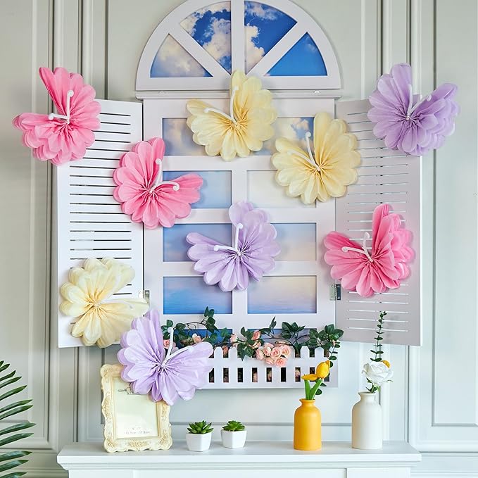 12PCS Butterfly Tissue Paper Pom Poms, 3D Butterfly Birthday Party Decorations, Khaki Pink Purple Butterfly Hanging Decorations for Girls Wedding Baby Shower Decor