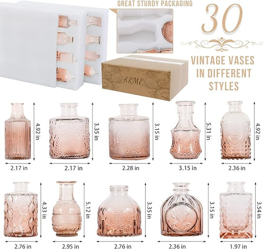 Arme Glass Bud Vase Set,30Pcs Small Glass Vase for Flowers, Clear Bud Vase in Bulk，Mini Single Vintage Vase for Centerpiece，Vases Bulk for Rustic Wedding Decor，Home Table Flower Décor(Amber)