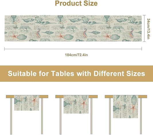 Starfish Table Runner,Seashells Beach Coastal Nautical Sailboat Jellyfish Vintage Hand Drawn Burlap for Hotel Indoors Outdoor Dining Room Kitchen Table Decor, 13x36in