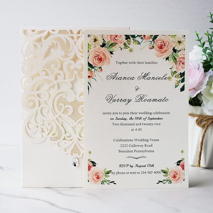 Hosmsua 50PCS Personalized Wedding Invitations Kit 5.12 x 7.3 Laser Cut Hollow Rose Rhinestone Pocket with Envelope for Wedding Quinceanera Invite (White Ivory)