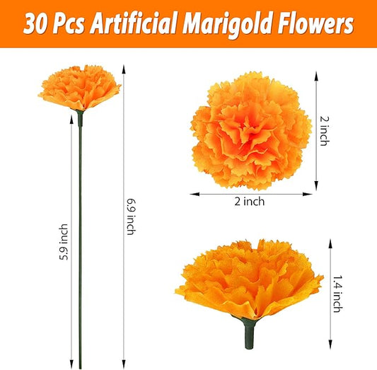 30 Pcs Artificial Marigold Flowers,2" Silk Marigold Flower Heads with Stems,Orange Flowers Artificial for Diwali Decor,Indian Wedding,Home,DIY Wreath Garland,Day of The Dead Decorations