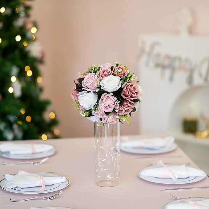 BLOSMON Dusty Rose Flowers Centerpieces: 10 Pieces Pink Roses Artificial Flower Balls for Wedding Dinning Table - Fake Silk Kissing Floral Arrangements for Home Party Event Decor