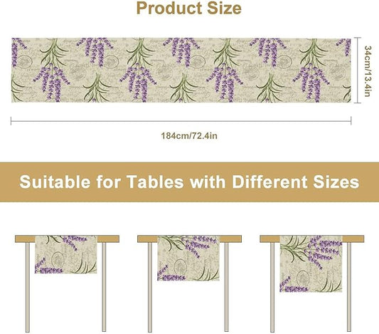 Floral Lavender Table Runner,Vintage Rustic Country Romantic Purple Flower Pattern Print Burlap for Hotel Indoors Outdoor Dining Room Kitchen Home Decor, 13x36in