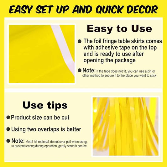 3 Pack 29 x108 Inch Macaron Yellow Foil Fringe Table Skirts Metallic Banner for Tinsel Streamer Garland Backdrop for Parade Floats Mother's Day, Graduate, Birthday, Wedding Party Decoration