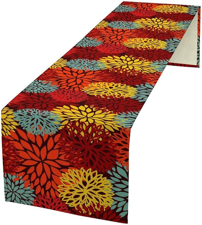Red Yellow Dahlia Table Runner, Seasonal Autumn Thanksgiving Pattern Print for Home Kitchen Table Decor Dining Coffee Room Party Decor 13x60 Inch