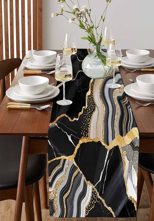 Geometric Black Marble Cotton Linen Table Runner for Dining Kitchen, Wedding Outdoor Party Tablerunners Decoration, Farm Marble Liquid Ripple Abstract Dresser Scarf Coffee Tablecloth Runners 13''x60''