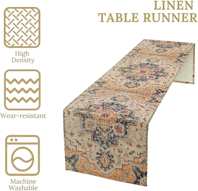 Bohemia Orange Table Runner, Rustic Farmhouse Vintage Geometric Floral Print Table Cover for Home Kitchen Dining Table Party Decor, 13x108inch