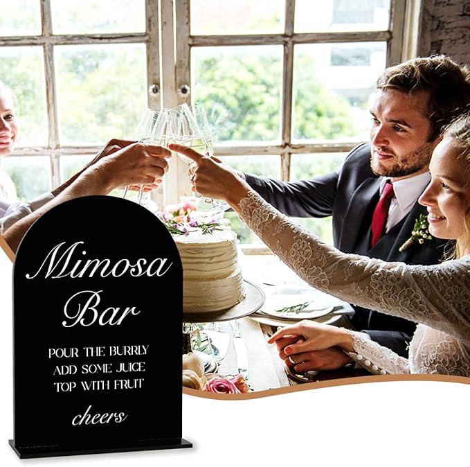 Black Mimosa Bar Sign, Open Bar Signs, Wedding Engagement Bridal Shower Decor for Reception Ceremony Party, Weddings Acrylic Sign