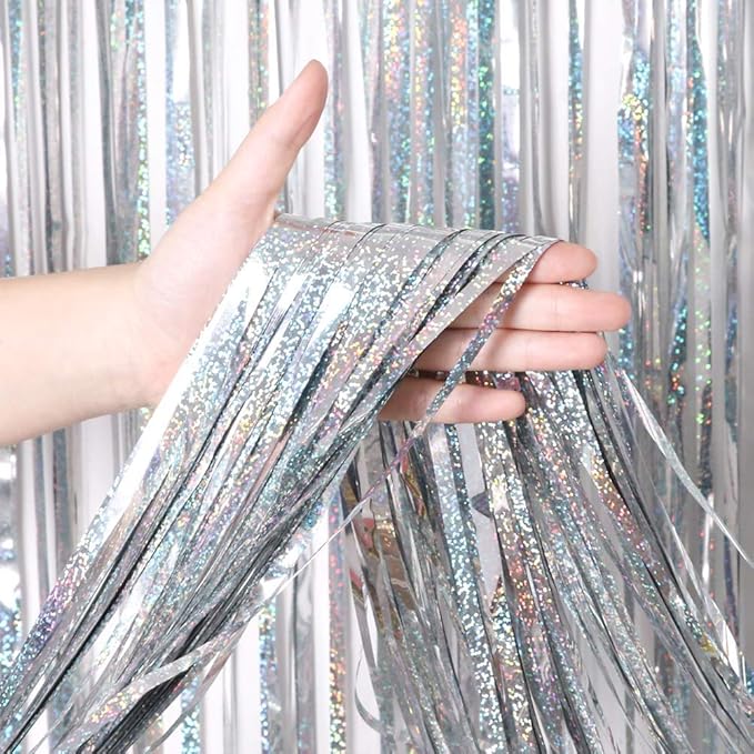 BTSD-home 4 Pack Laser Silver Foil Fringe Curtain Holographic, Metallic Photo Booth Tinsel Backdrop Door Curtains for Wedding Birthday Baby Shower Bachelorette Party Decorations(3ft x 8ft)