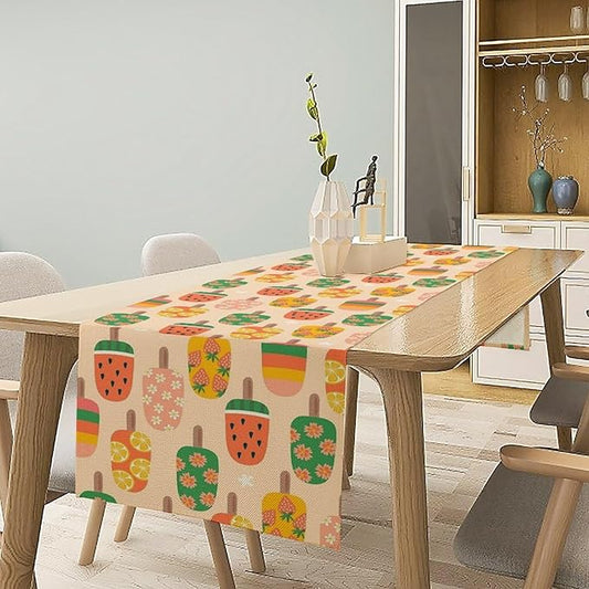 Summer Popsicles Table Runner, Colorful Cute Ice Cream Childish Seasonal Dinner Runner for Party Holiday Home Kitchen Dining Table Decor 13"x36"
