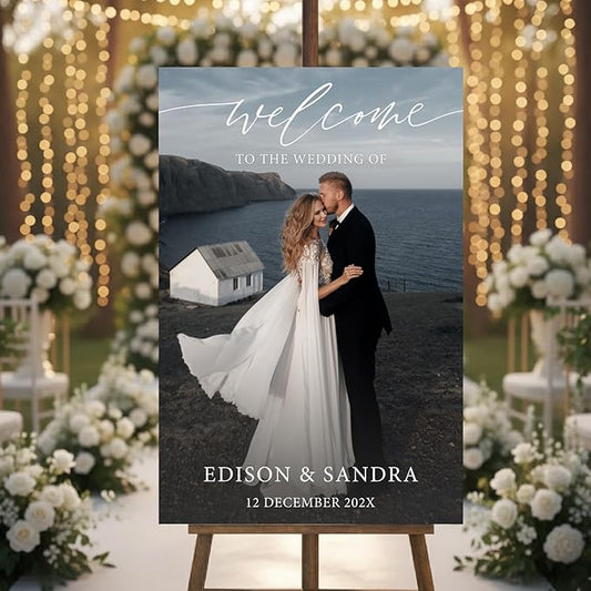 Personalized Wedding Photo Acrylic Welcome Sign – Custom Picture Board with Bride & Groom Names, Elegant Acrylic Wedding Reception Entrance or Ceremony Decoration, Indoor & Outdoor Keepsake Gift #12