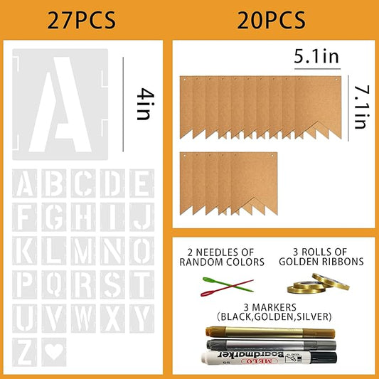 20 PCS Custom Banner Set DIY Blank Flags with Letter Stencil Markers Ribbon Personalized Painting Banner for Party Birthday