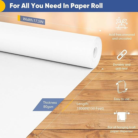 Vanhench White Kraft Wrapping Paper 17.5"×1800", Easel Painting Drawing Paper Roll Kids Art Supplies, Chart Poster Bulletin Board Paper Roll, Floor Covering Arts Crafts Table Wrap