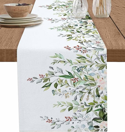 Botanical Eucalyptus Cotton Linen Table Runner for Dining Kitchen, Wedding Outdoor Party Tablerunners Decoration, Sage Green Leaves Elegant Floral Dresser Scarf Coffee Tablecloth Runners 13x72 Inches