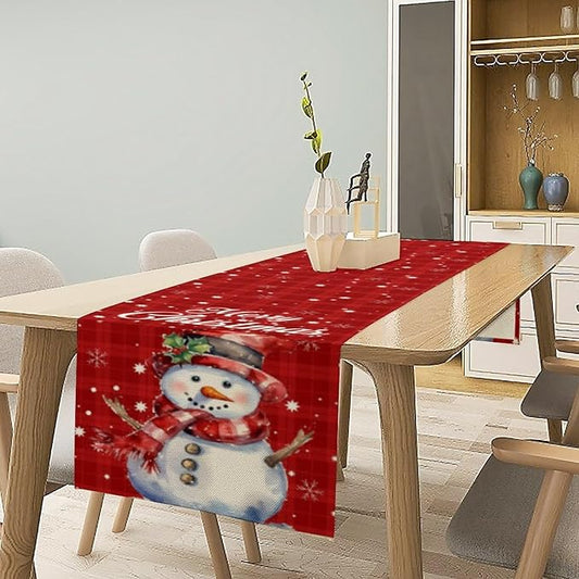 Christmas Table Runner,Christmas Snowman Snowflakes Winter Seasonal Table Cloth Kitchen Dining Table Decoration for Home Party Decor 13x108 Inch