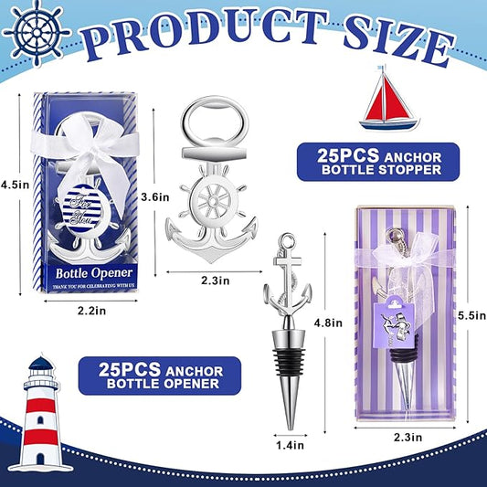 Zhehao 50 Pcs Anchor Bottle Stopper Bottle Opener Wine Bottle Stopper for Beach Nautical Themed Gifts Set Wedding Party Favors Bridal Baby Shower Decorations Holiday Birthday Souvenirs Guests, Silver