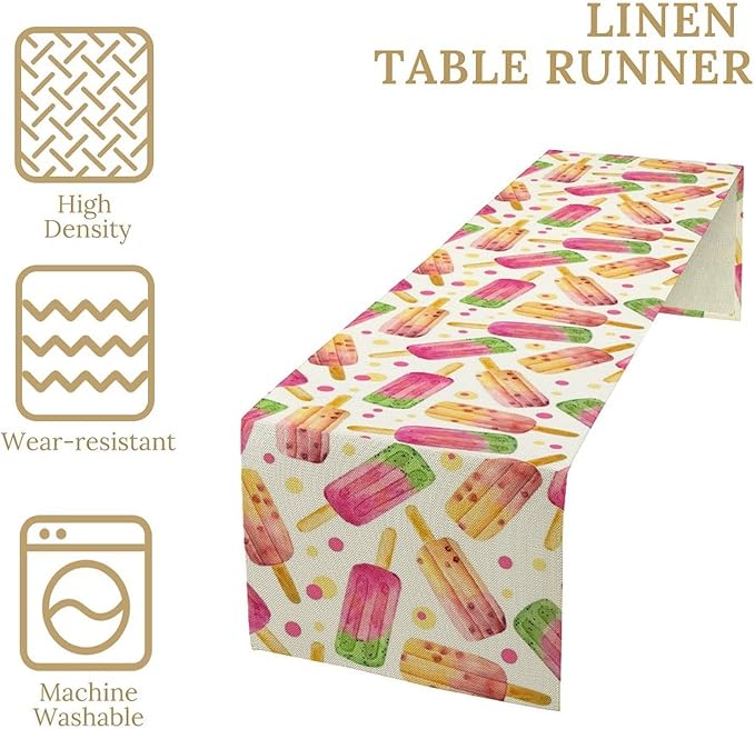 Ice Cream Popsicles Table Runner, Watercolor Summer Seasonal Fruit Peach Kiwi Berry Popsicles Orange Pink Sweet Dessert Dinner Runner for Party Holiday Home Kitchen Dining Table Decor 13"x120"