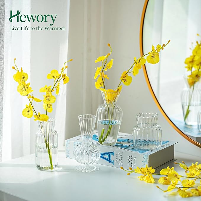 Mini Glass Vases for Centerpieces - Hewory Clear Small Bud Vases in Bulk, Cute Flower Vases Set for Wedding, Home Decoration, Table Decor (Clear, 4)