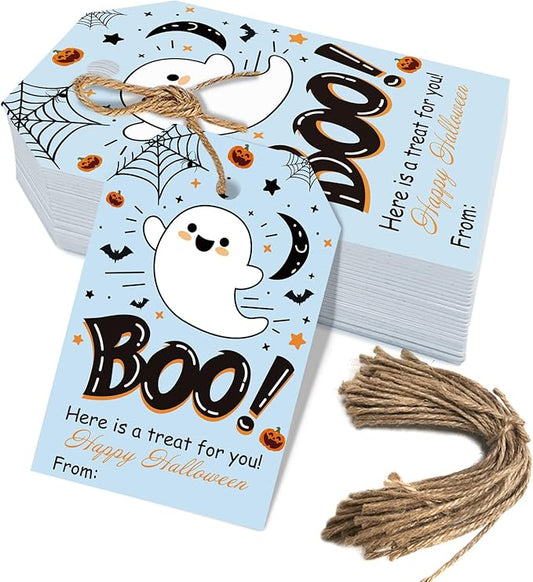 Aukolass 50Pcs Boo Gift Tags, Halloween Treat Tag for Spooky Boy Ghost Party Favor and Gift Wrapping Decoration (Blue Boo)