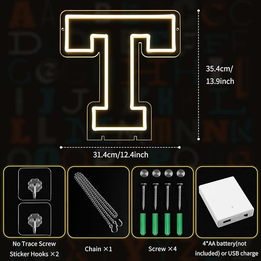 Light Up Letters T, Led Marquee Letter Lights Neon Sign, 13.9" Height Decorative Lighted Alphabet Number, Battery/USB Powered Led Letters Lights for Wedding, Birthday, Party, Christmas or Home Decor
