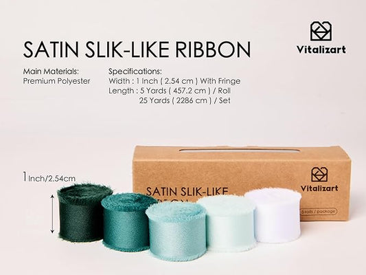 Vitalizart Silk Like Satin Ribbon 1 inch x 25 Yard Green & Sage Handmade Frayed Ribbons for Gift Wrapping Baby Shower Wedding Bridal Bouquets Holiday Decor