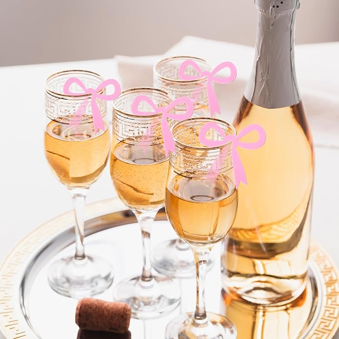 20 Pcs Pink Bow Drink Markers,Bows Drink Tags Coquette,Acrylic Bow Wine Glass Charms for Bachelorette Birthday Wedding Coquette Tasting Party Decor Accessory