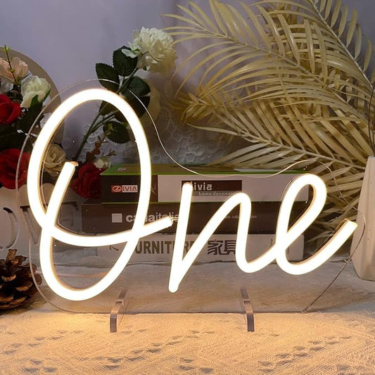 One Year Old Birthday Table Number Neon Sign Desk Lamp Night Light Wedding Letter LED Neon Sign Wedding Table Decorations Neon Light Bedroom Home Room Decor Christmas Party Warm White USB 28.8×19.6CM