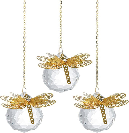 Crystal Suncatchers Gold Dragonfly 40mm Crystal Prisms Ball Rainbow Maker with Chain for Window Hanging Decoratioin 3 Pack
