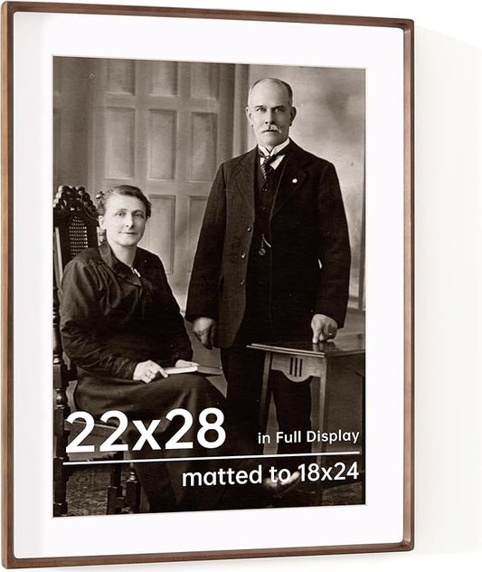 22x28 Frame with Mat to 18x24 Picture Frames USA-Sourced Natural Solid Walnut Wood Handcrafted Rounded Corner Display with Real Glass Family Picture, Wedding Photo