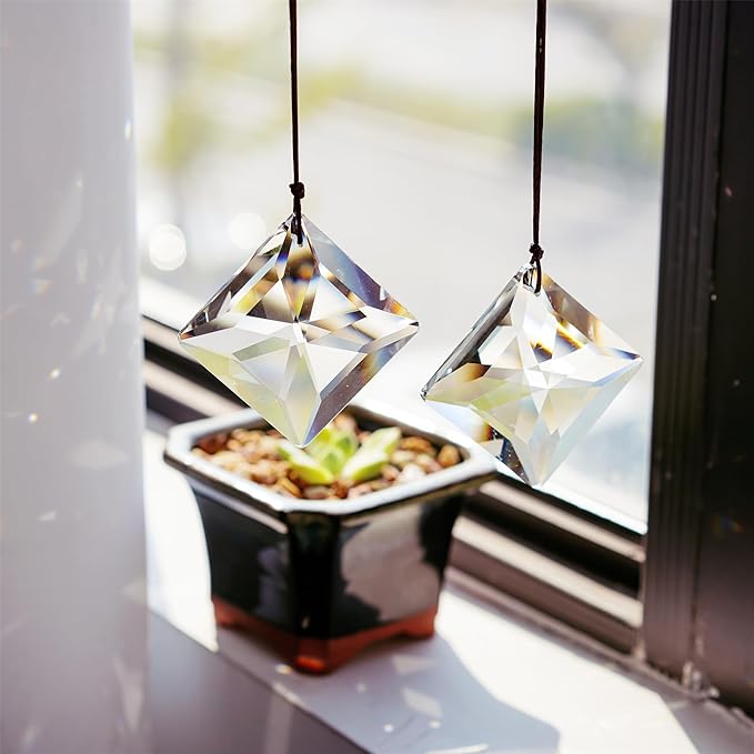 HDCRYSTALGIFTS 2PCS 50mm Clear Crystal Sun Catcher Prisms, Hanging Suncatchers with Glass Prism, Rainbow Maker for Windows, Balcony, Kitchen, Garden Decoration