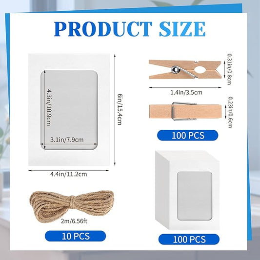 100 Pack Paper Picture Frames, 4x6 Inch Photo Strip Frame Hanging Photo Display Banner, White Photo Holder with Wooden Clips and String for Wall Decor and Party Supplies