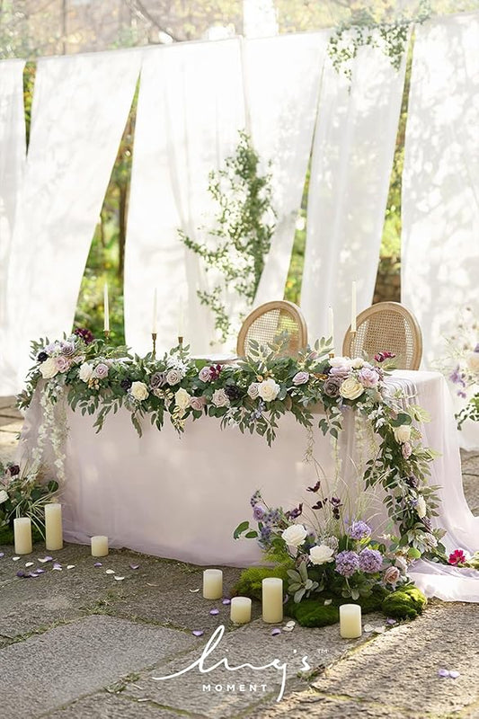 Ling's Moment 9FT Flower Garland for Backdrop Decorations - Wedding Arch Flowers, Eucalyptus & Rose, Artificial Floral Garland for Mantel - Sweetheart Table Decor for Ceremony Reception, Lilac & Gold