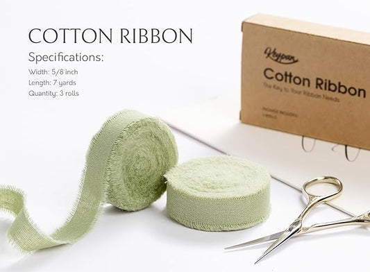 Sage Green Ribbon 5/8" x 21 Yards with Frayed Fringe Fabric Cotton Ribbons for Gift Wrapping Wedding Invitations Flower Bouquet Baby Shower