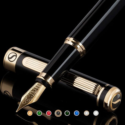 Scriveiner Black Lacquer Fountain Pen - Stunning Luxury Pen, Real Gold Finish, Schmidt Gilded Nib (Extra Fine), Best Pen Gift Set for Men & Women, Professional, Executive, Office, Nice Pens