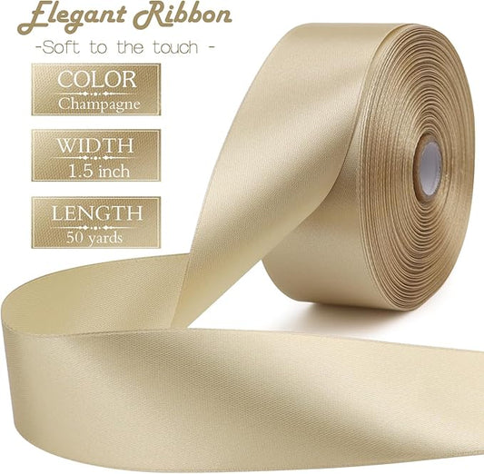 Champagne Solid Satin Ribbon 1-1/2 Inch 50 Yards Solid Polyester Fabric Ribbon for Gift Wrapping Wedding Christmas Baby Shower Birthday Party Decoration Handmade Immortal Flower Craft