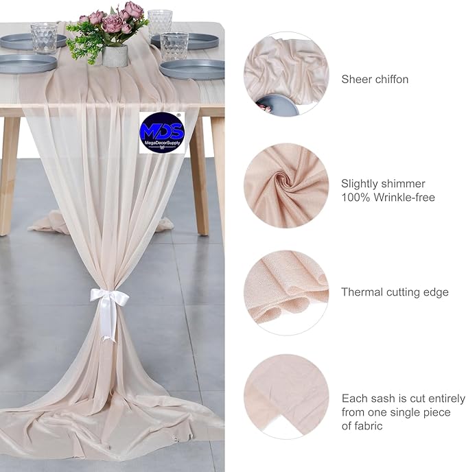 MDS 15 Pack 10ft Chiffon Table Runner 29 x 120 Inches Sheer Wedding Runner Romantic Rustic Table Runner for Wedding Decorations, Birthday Parties, Bridal Shower Party Arch Decor - Nude