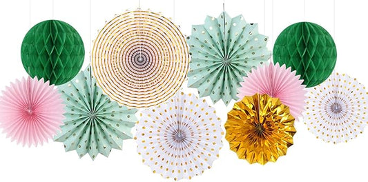 Sage-Green Pink Gold Party-Decorations - 33pcs Kits Tissue Pom Poms Honeycomb,Banner,Streamers Tassel Garland,Paper Lantern Fans, Wedding Engagement Bachelorette Birthday Baby Bridal Shower Hugtmr