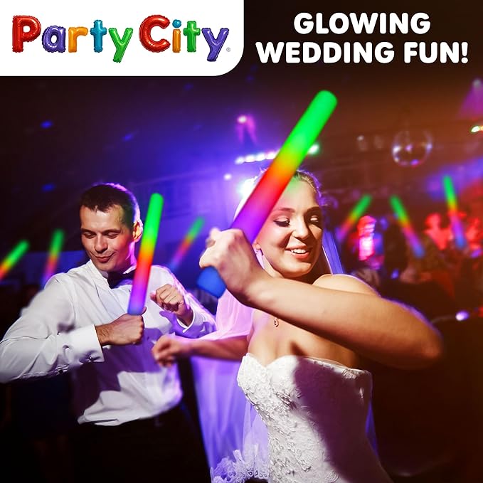 Party City 48pk LED Foam Glow Sticks 14”- Glow in the Dark Party Supplies Favors, Colorful Flashing Wand with 3 Modes, Foam Light Up Sticks Bulk Party Pack for Wedding, Birthday, Concert, Halloween