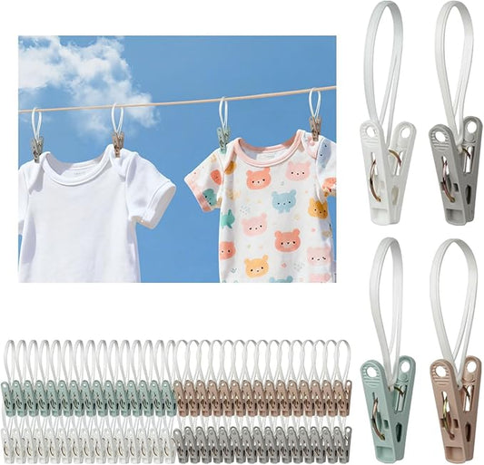 60 Pack Clothes Pins with Plastic Rope,Multi-Purpose Clips for Hanging,Windproof Plastic Clothespins for Hanging Baby Clothes,Socks,Hats, Pants, Bras, Underwears,Towels,Photos,White, Brown, Gray, Gree