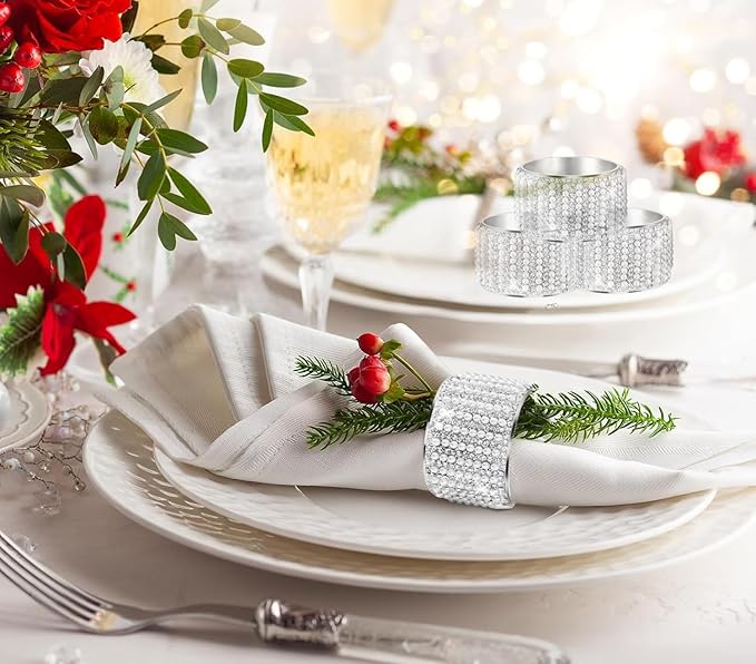 Diamond Pearls12cs Napkin Rings Rhinestone Crystal Glass Framed Napkin Holder Handmade Serviette Buckles for Christmas, Easter, Thanksgiving Day Wedding Banquet Home Party Decoration Dining Table