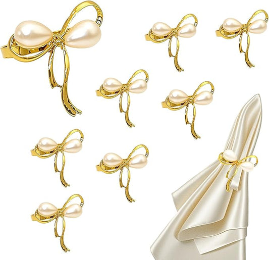 Gold Napkin Rings Set of 8 Pearl Bow Napkin Rings for Napkins,Rustic Napkin Ring Holders, Butterfly Knot Napkin Holders for Cloth Napkins,Christmas Bow Tie Napkin Ring for Dining Table Decor