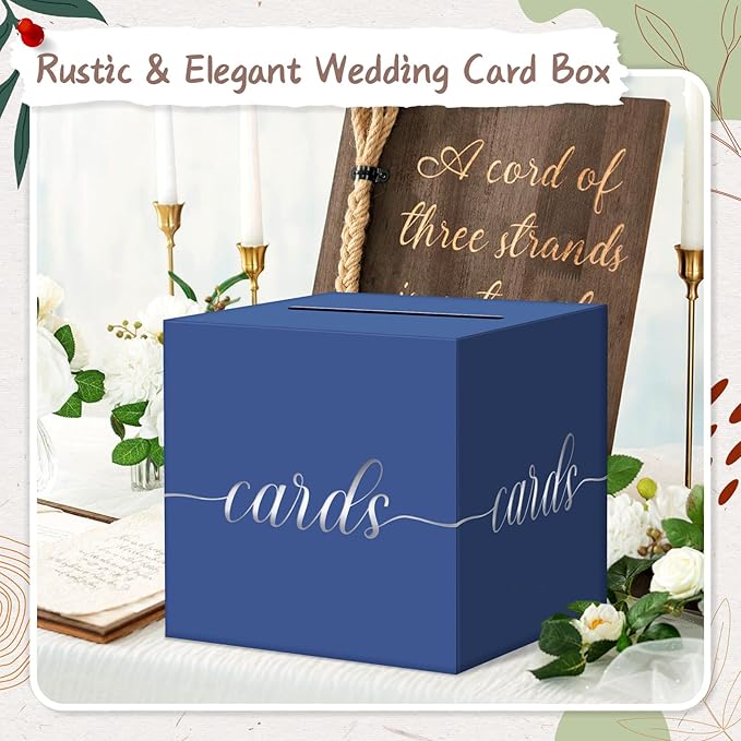 QIKSION Navy Blue Graduation Card Box, Silver Foil Gift Card Box for Graduation, Party, Wedding Reception, Birthday, Baby Shower, Raffle