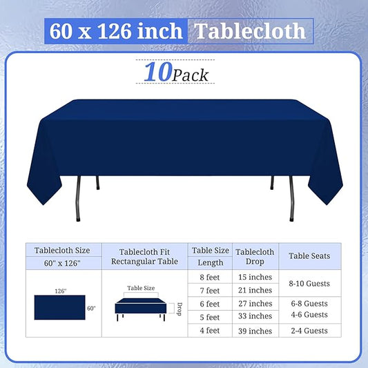 10 Pack Navy Blue Tablecloths for 8ft Rectangle Tables 60 x 126 Inch - Polyester Table Cover Stain and Wrinkle Resistant Washable Fabric Table Clothes for Wedding Party Banquet Reception Restaurant