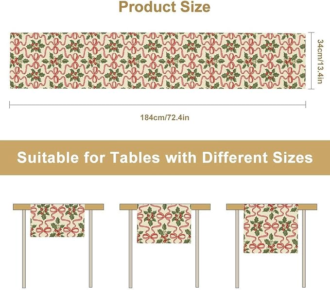 Christmas Table Runner,Xmas Holiday Bowknot Decor Table Cloth Kitchen Dining Table Decoration for Home Party Decor 13x36 Inch