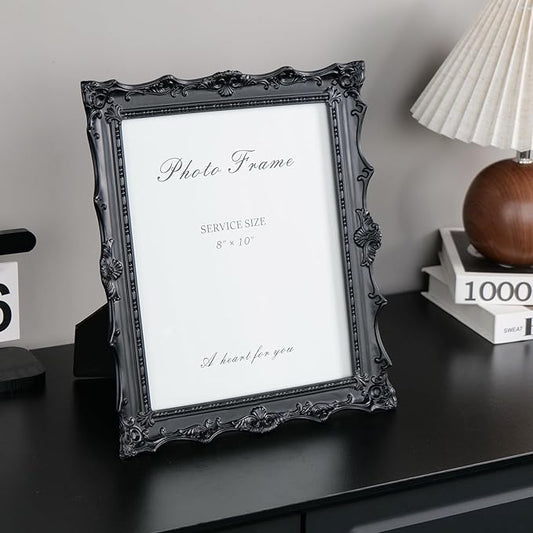 Cuspin 8x10 Black Picture Frame, Handcrafted Resin Frame with Exquisite Carved Details & Glass Front, Vintage Antique Design for Wall Hanging or Tabletop Display, Home Decor