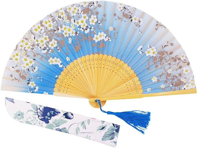 Amajiji 8.27"(21cm) Hand Held Bamboo Silk Folding Fan Hand Fan,Chinese/Japanese Charming Elegant Vintage Retro Style,Women Ladys Girls Best Gifts (SkyBlue)