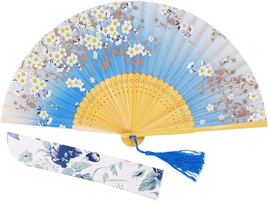 Amajiji 8.27"(21cm) Hand Held Bamboo Silk Folding Fan Hand Fan,Chinese/Japanese Charming Elegant Vintage Retro Style,Women Ladys Girls Best Gifts (SkyBlue)