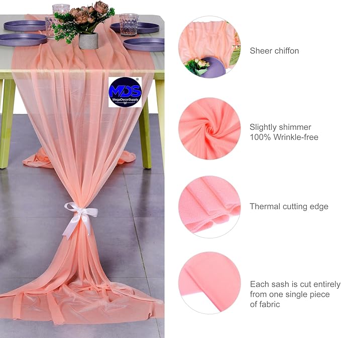 MDS Halloween Chiffon Table Runner - 12 Pack, 29 x 170 Inches, 14ft Each - Sheer Spooky Table Runners for Haunted House Parties, Trick-or-Treat Tables, Witchy Décor, Wedding & Events - Peach