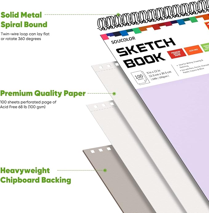 Soucolor 9" x 12" Aesthetic Sketch Book, 1-Pack 100 Sheets School Supplies Cute Sketchbook for Women, Japanese Stationary Sketching Supplies for Kids Teen Girl Gifts Birthday Gifts, Pastel Purple