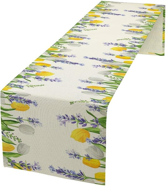Floral Tulip Lavender Table Runner, Spring Watercolor Flower Plants Nature Butterfly Table Runner for Kitchen Dinner Living Room Home Party, 13x70 Inch